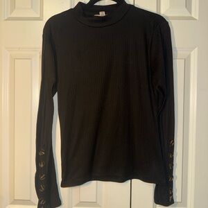 Black Long-Sleeve Ribbed Top with Button Cuff